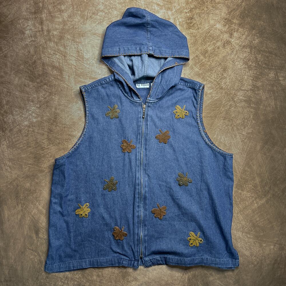 Vintage 90s VJ Woman Patchwork Fall Foliage Sleeveless Zip Up Denim Hooded Fall
